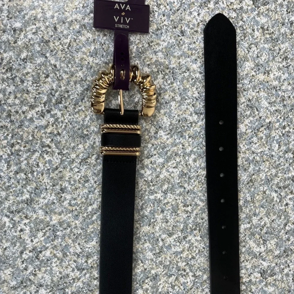 Ava & Viv Belt Womens 4X Black Faux Leather Stretch GoldOrnate Buckle TRF25-0010
